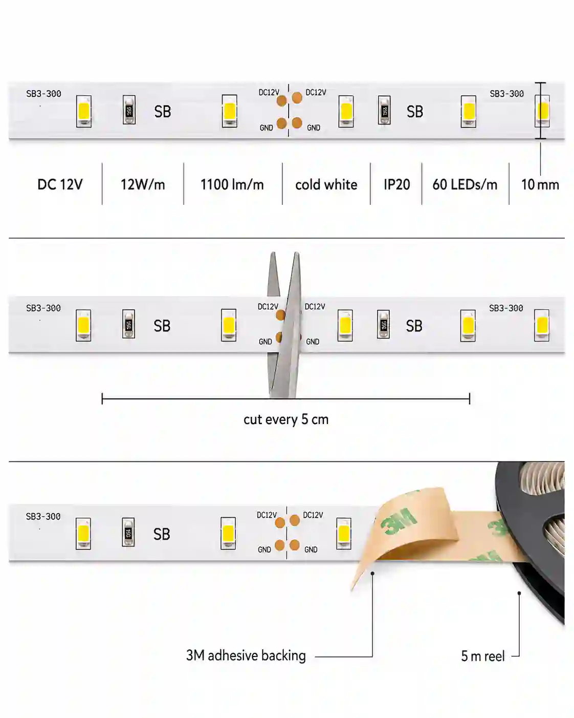 LED pásek SB3-300 12V instalovaný v hliníkovém profilu vnitřní osvětlení kuchyňská linka vitríny podhledy